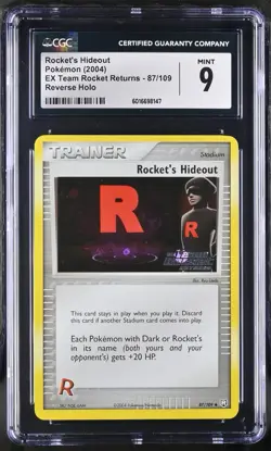 CGC 9 Rocket’s Hideout STAMPED Reverse Holo EX Team Rocket Returns 87/109 2004 - Image 1