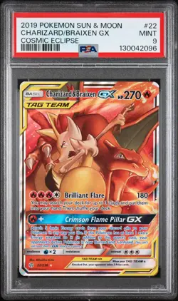 2019 POKEMON SUN & MOON COSMIC ECLIPSE #22 CHARIZARD & BRAIXEN GX PSA 9 - Image 1