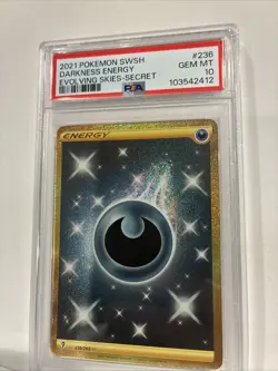 2021 POKEMON SWORD & SHIELD EVOLVING SKIES SECRET #236 DARKNESS ENERGY PSA 10 - Image 3
