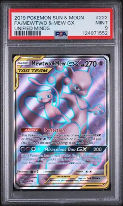 2019 POKEMON SUN & MOON UNIFIED MINDS #222 FA/MEWTWO & MEW GX PSA 9 - Image 1