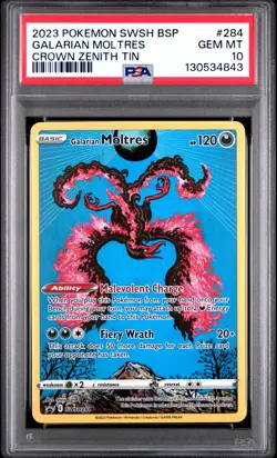 2023 POKEMON SWSH BLACK STAR PROMO CROWN ZENITH TIN #284 GALARIAN MOLTRES PSA 10 - Image 1