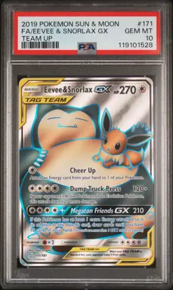 2019 POKEMON SUN & MOON TEAM UP #171 FULL ART/EEVEE & SNORLAX GX PSA 10 - Image 1