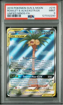 PSA 9 MINT Rowlet & Alolan Exeggutor GX 215/236 Alt Art Unified Minds Pokemon - Image 1
