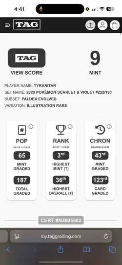 2023 POKEMON PALDEA EVOLVED #222/193 TYRANITAR ILLUSTRATION RARE TAG 9 READ DISC - Image 3