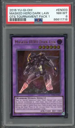 PSA 8 Masked HERO Dark Law OTS Tournament Pack 1 OP01-EN003 Yu-Gi-Oh! Card B14 - Image 1