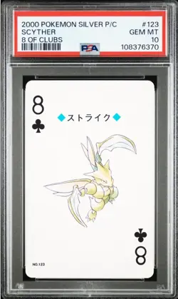 2000 POKEMON SILVER VERSION PLAYING CARDS 8 OF CLUBS #123 SCYTHER PSA 10 - Image 1