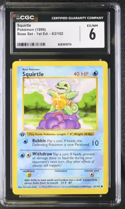 CGC 6 Squirtle 1999 Base Set 1st Edition Shadowless 63/102 Pokemon Card - Image 1
