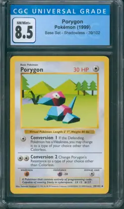 1999 Pokemon Base Set SHADOWLESS 🔥 PORYGON 🔥 #39 CGC 8.5 NM / Mint+ Card c207 - Image 1
