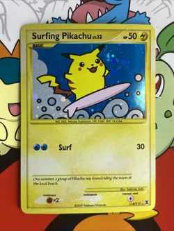 2009 Pokemon Rising Rivals Surfing Pikachu 114/111 Secret Rare Holo SWIRL NM - Image 1
