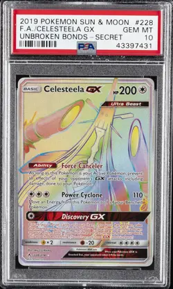 2019 POKEMON SUN & MOON UNBROKEN BONDS SECRET #228 FULL ART/CELESTEELA GX PSA 10 - Image 1