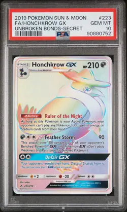 2019 POKEMON SUN & MOON UNBROKEN BONDS SECRET #223 FULL ART/HONCHKROW GX PSA 10 - Image 1