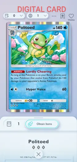Pokemon Pocket Mobile Game Wisdom Of Sea And Sky Set Politoed ◇◇◇Rare Trade Card - Image 1