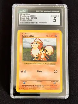 CGC 5 EXCELLENT Pokemon Growlithe Base Set Shadowless 1999 #28/102 Graded Card - Image 1