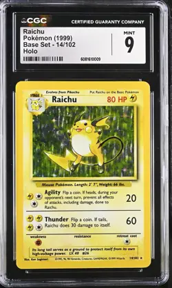1999 Pokemon Raichu #14/102 Base Set Unlimited Holo Rare WOTC CGC 9 Mint - Image 1