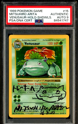 PSA AUTO 9 Mitsuhiro Arita Signed Sketched 1999 Pokemon Venusaur Shadowless Holo - Image 1