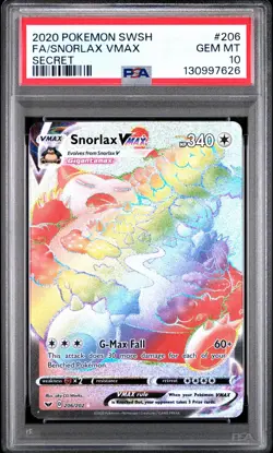2020 Pokemon Sword Shield Full Art Snorlax VMAX Secret Rare 206/202 PSA 10 - Image 1