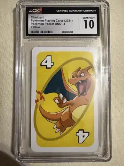 2019 Pokemon Playing Cards Pocket Uno, 4 Charizard Yellow, CGC 10 Gem Mint - Image 1