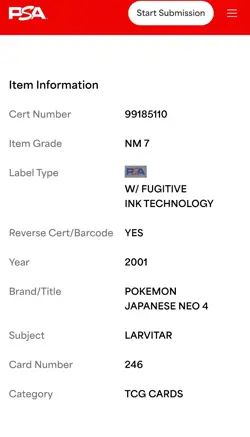 Pokemon PSA 8 NM-MT JAPANESE Larvitar (ヨーキラス) No 246 Neo Destiny 2001 S#6409 - Image 3
