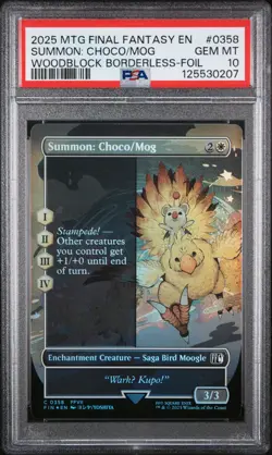 2025 MTG FINAL FANTASY WOODBLOCK BORDERLESS-FOIL #0358 SUMMON: CHOCO/MOG PSA 10 - Image 1