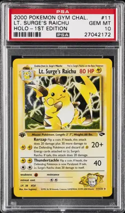 2000 POKEMON GYM CHALLENGE HOLO-1ST ED #11 LT. SURGE'S RAICHU PSA 10 - Image 1