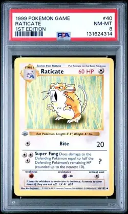 Base Set 1st Edition RATICATE #40/102 PSA 8 1999 Pokemon Card Game - Image 1