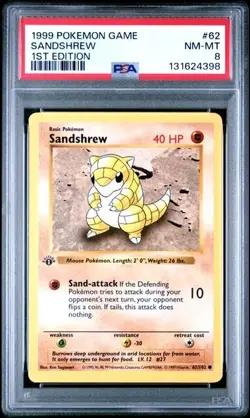 Base Set 1st Edition SANDSHREW #62/102 PSA 8 1999 Pokemon Card Game - Image 1