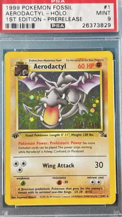 1999 1st Edition Pokemon Fossil Aerodactyl Holo Prerelease Promo Card 1/62 PSA 9 - Image 1