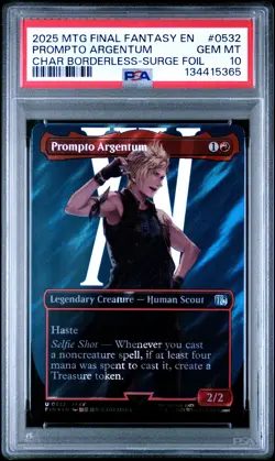 2025 MTG FINAL FANTASY CHARACTER BORDERLESS-SURGE FOIL PROMPTO ARGENTUM PSA 10 - Image 1