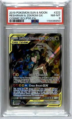 Reshiram & Zekrom GX 2019 Cosmic Eclipse Full Art Ultra Rare #222 PSA 8 - Image 1