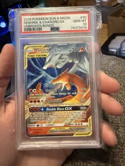 2019 POKEMON SUN & MOON UNBROKEN BONDS #20 RESHIRAM & CHARIZARD GX PSA 10 - Image 1