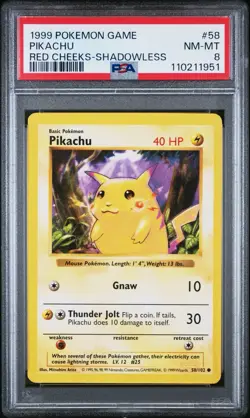 1999 POKEMON GAME RED CHEEKS-SHADOWLESS #58 PIKACHU PSA 8 - Image 1