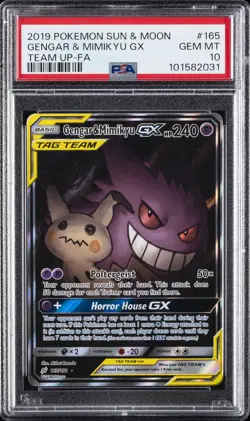 2019 POKEMON SUN & MOON TEAM UP #165 FULL ART/GENGAR & MIMIKYU GX PSA 10 - Image 1