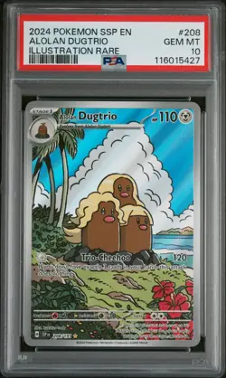 2024 POKEMON SSP EN-SURGING SPARKS ILLUSTRATION RARE #208 ALOLAN DUGTRIO PSA 10 - Image 1