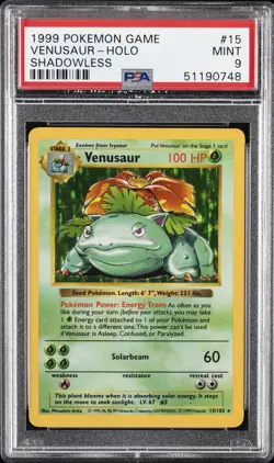 1999 POKEMON GAME SHADOWLESS #15 VENUSAUR-HOLO PSA 9 - Image 1