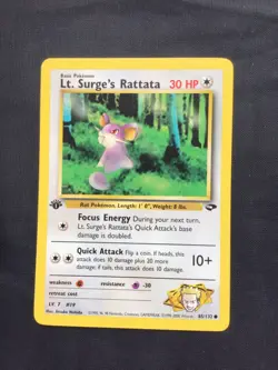 Pokemon Cards: Gym Challenge 1st Edition Common: Lt. Surge's Rattata 85/132 - Image 1
