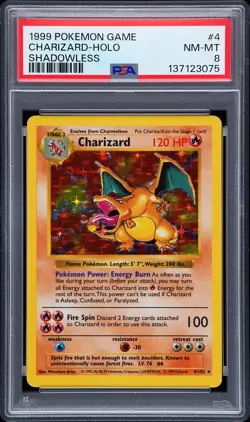 1999 POKEMON GAME SHADOWLESS #4 CHARIZARD-HOLO PSA 8 - Image 1
