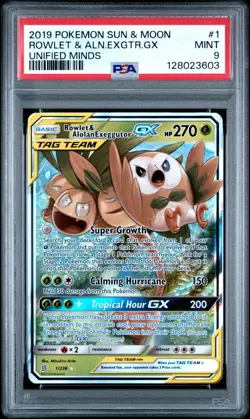 2019 POKEMON SUN & MOON UNIFIED MINDS #1 ROWLET & ALOLAN EXEGGUTOR GX PSA 9 - Image 1