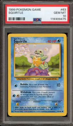 Pokemon Squirtle Base Set Unlimited #63 PSA 10 Gem Mint - Image 1