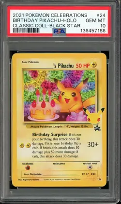 2021 POKEMON CELEBRATIONS #24 BIRTHDAY PIKACHU HOLO GEM MT PSA 10 CLASSIC - Image 1