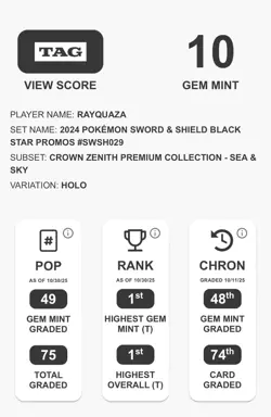 2020 Pokemon SWSH029 Rayquaza Black Star Promo Cosmos Holo TAG 10 Gem Mint PSA - Image 4