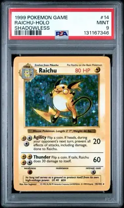 Pokemon Raichu Base Set Shadowless Holo Rare #14 PSA 9 Mint New Cert - Image 1