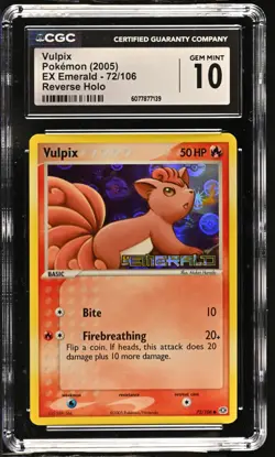 CGC 10 GEM MINT Vulpix 2005 EX Emerald 72/106 Reverse Holo STAMPED Pokemon Card - Image 1