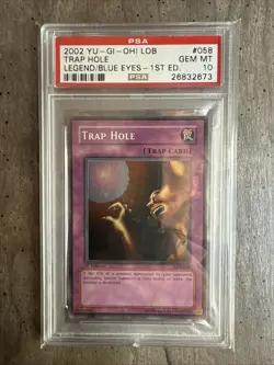 Yugioh PSA 10 2002 Trap Hole LOB-058 Super Rare 1st Edition - Image 1