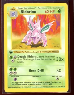 Nidorino 37/102 Pl/HP 1st Edition Uncommon Shadowless Base Set Pokemon - Image 1