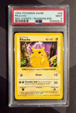 "Red Cheeks" Pikachu Base Set Shadowless, Common Card 58/102, 1999 PSA 9 - Image 1