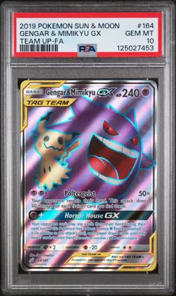 2019 POKEMON SUN & MOON TEAM UP #164 FULL ART/GENGAR & MIMIKYU GX PSA 10 - Image 1