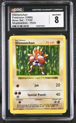 CGC 8 Hitmonchan 1999 Base Set 7/102 Shadowless Holo Pokemon Card - Image 1