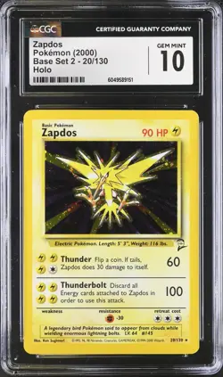CGC 10 GEM MINT Zapdos 20/130 Base Set 2 Holo Rare Vintage 2000 WOTC Pokemon - Image 1