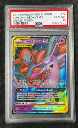 Espeon & Deoxys GX PSA 10 GEM MT 2019 Pokemon Sun & Moon Unified Minds #72/236 - Image 1