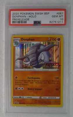 1x V0418: 2020: Donphan: SWSH067: Prerelease: Holo Promo: PSA: 10: GEM MT: 6275 - Image 1